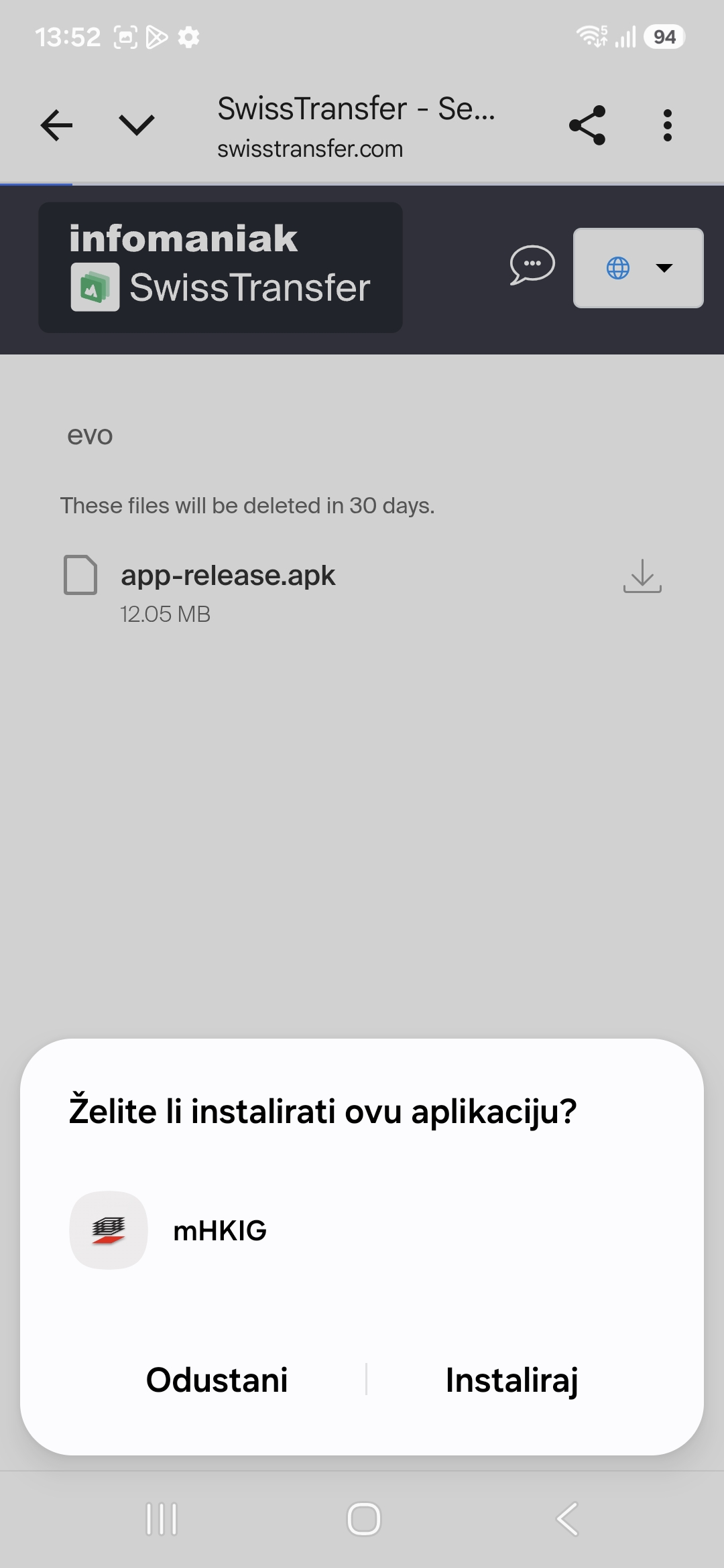 Prozor za instalaciju aplikacije mHKIG