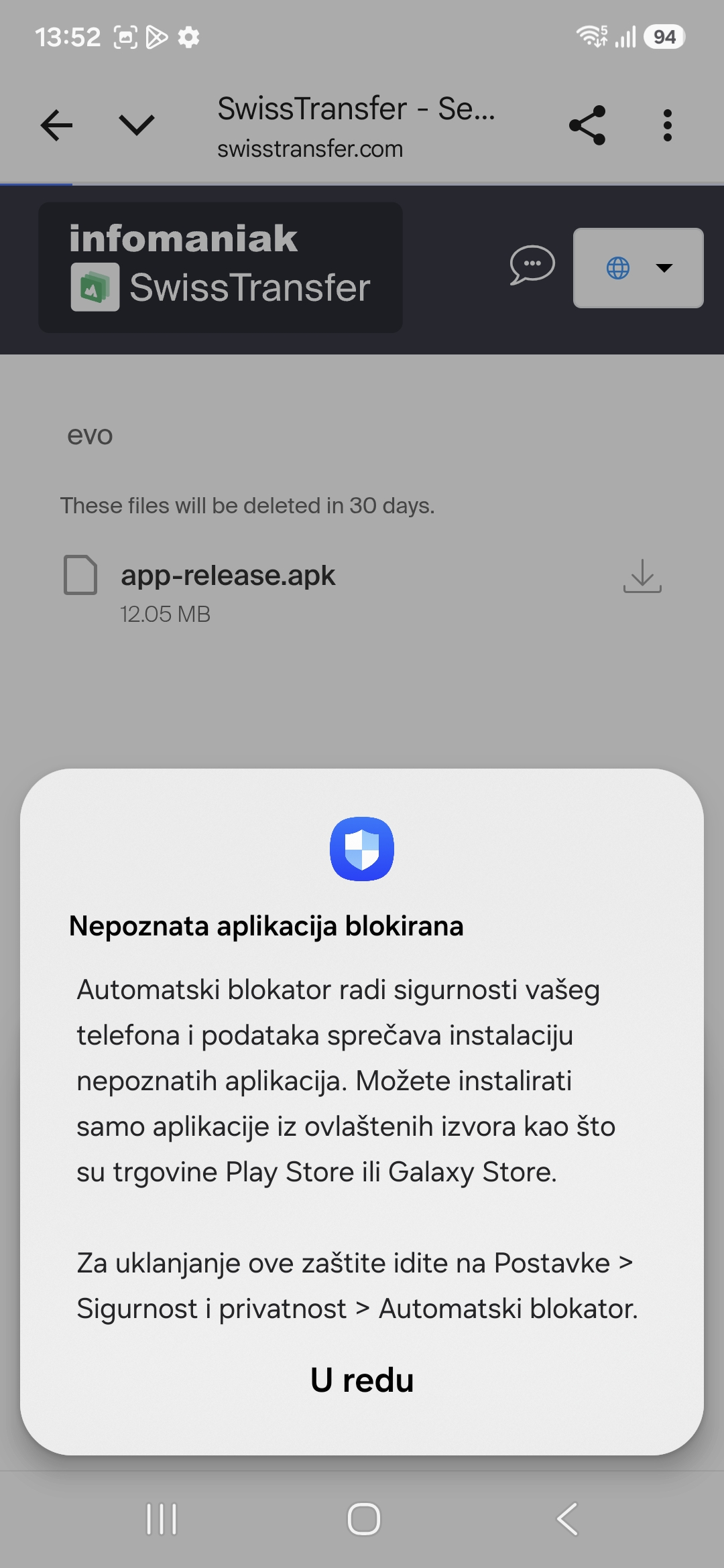 Poruka Nepoznata aplikacija blokirana